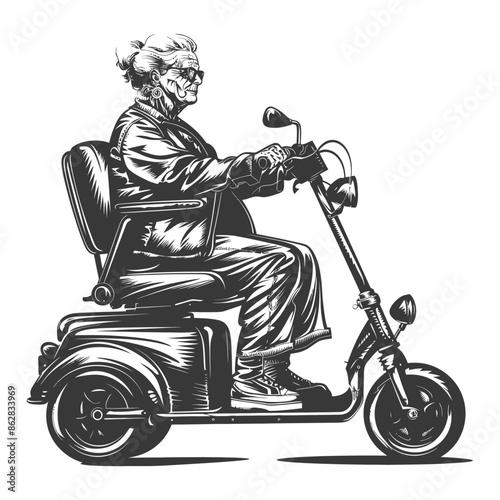Grayscale Engraving: Elderly Woman on Mobility Scooter, Retro Style.