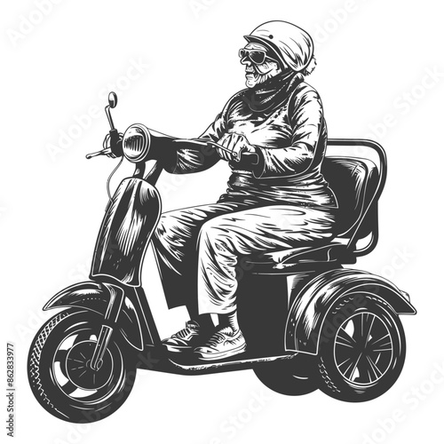 Grayscale vector of elderly woman in helmet riding scooter.