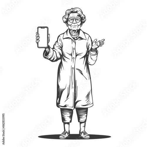 Elderly woman sketch, showing smartphone, tutorial pose.