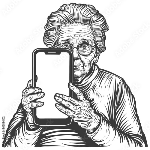 Elderly Woman Holding Blank Smartphone, Engraving Style, Technological Divide, Generational Gap.