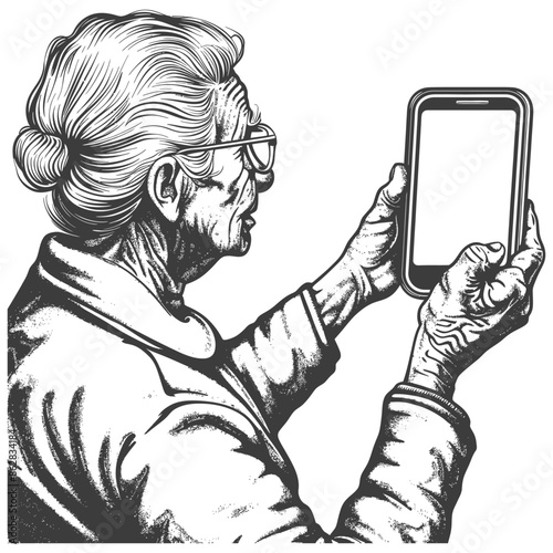 Engraved Elder: Woman with Glasses Holding Up Smartphone, Blank Screen, Detailed Illustration