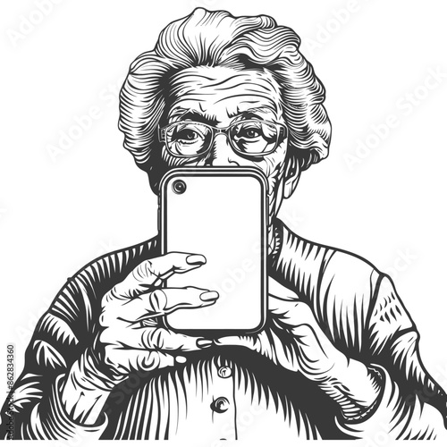 Engraved Grandmother: Phone Selfie, Vintage Style Portrait.