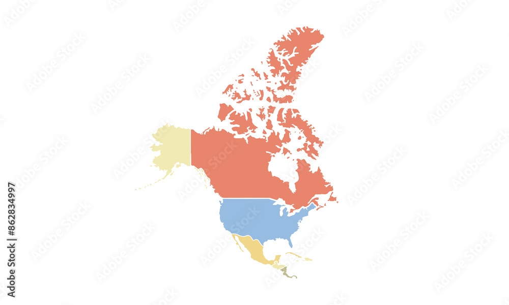 Obraz premium Map of North america isolated modern colorful style. for website layouts, background, education, precise, customizable, Travel worldwide, map silhouette backdrop, earth geography, political, reports.