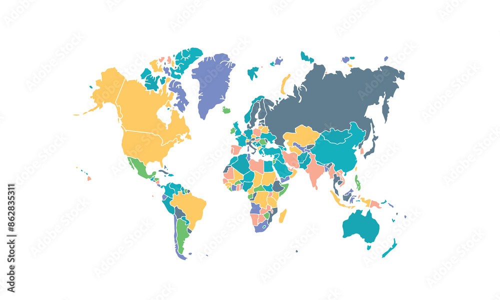 Obraz premium Map of world isolated modern colorful style. for website layouts, background, education, precise, customizable, Travel worldwide, map silhouette backdrop, earth geography, political, reports.