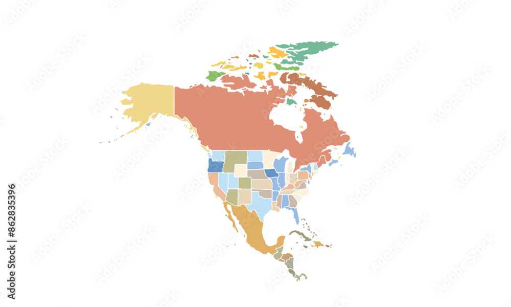 Naklejka premium Map of North america isolated modern colorful style. for website layouts, background, education, precise, customizable, Travel worldwide, map silhouette backdrop, earth geography, political, reports.