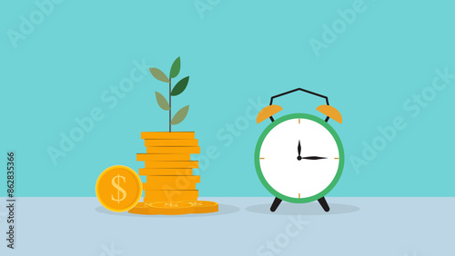 vector of coins and clock, business growth concept, long-term investment concept, Start invest in stock market, begin savings to achieve financial goal illustration.