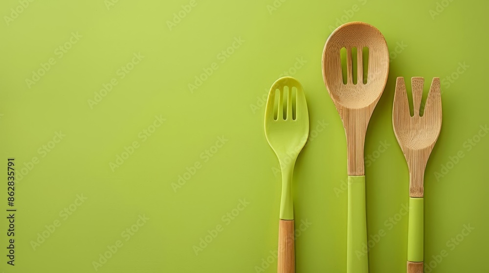 Kitchen utensils set with pasta fork and salad server isolated on a solid chartreuse background Kitchen utensils set with pasta fork and salad server isolated on a solid chartreuse background