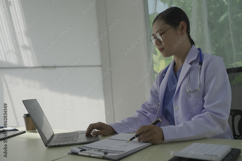 Pharmacist holds a prescription and tries to explain how to use the medicine to a patient. Pharmacy. Asian female health worker is explaining a prescription to a patient. Medicine Pharmacist. Pharmacist holds a prescription and tries to explain how to use the medicine to a patient. Pharmacy. Asian female health worker is explaining a prescription to a patient. Medicine Pharmacist.