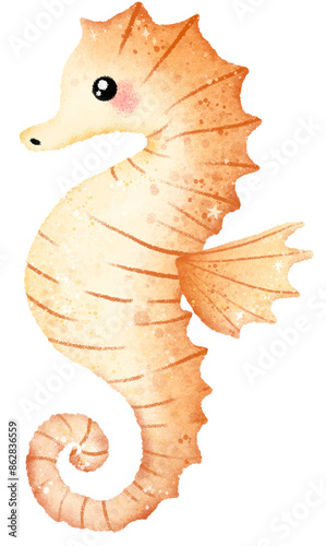 Watercolor Hand drawn illustration underwater animals cute seahorse marine wild life children clip art for textile, decoration, posters, inviation, greeting cards
