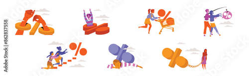 People Characters with Percentage Sign as Interest Rate Vector Set