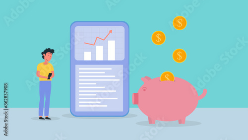 businessman hanging phone with static graphs and piggy bank, business growth concept, long-term investment concept, Start invest in stock market, begin savings to achieve financial goal illustration.