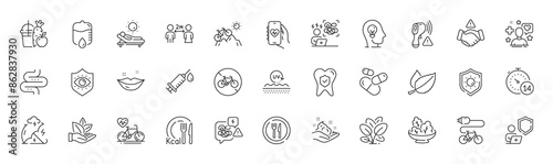 Eye protection, Quarantine and Lips line icons. Pack of Medical syringe, Mint leaves, Dental insurance icon. Electronic thermometer, Stress, Food pictogram. Stress protection, Shield, Patient. Vector © blankstock