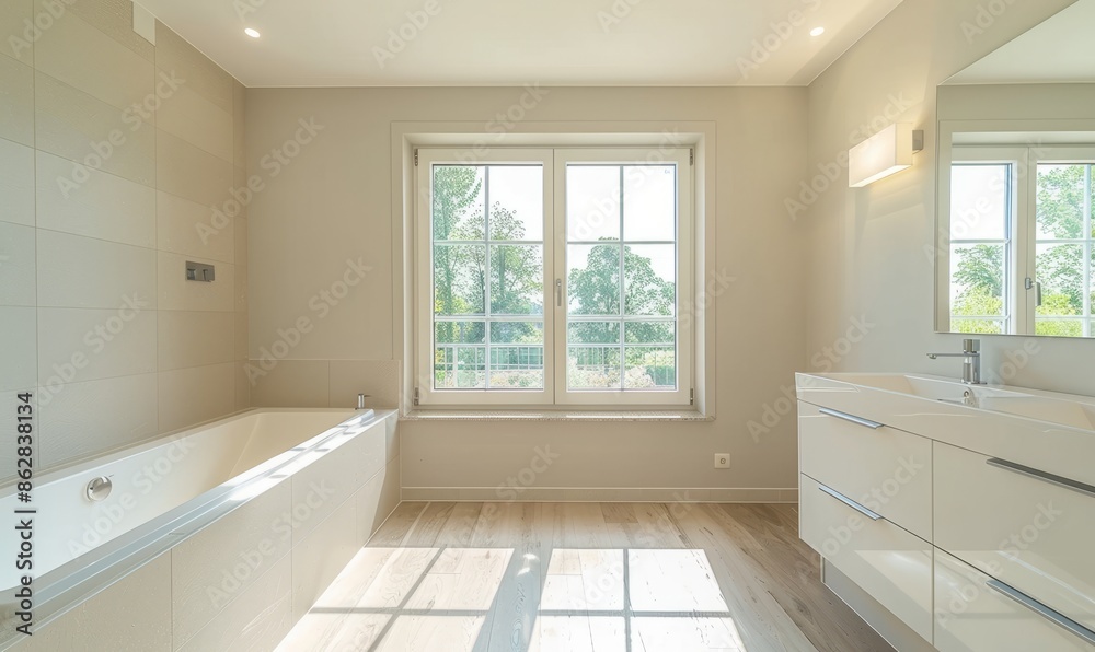 Bright bathroom with a blank canvas above the sink Bright bathroom with a blank canvas above the sink