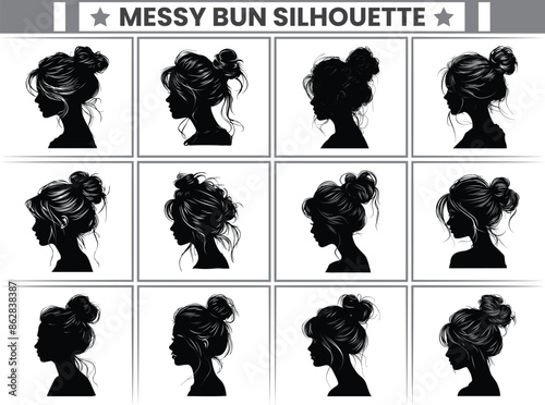 Messy Bun Silhouette Bundle Messy Bun Hair Illustration clipart Silhouette, For T-Shirt Design, Mug, Tote Bag, Etc.