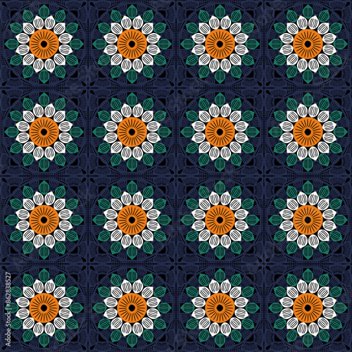 Pattern with crochet granny square wallpaper handmade decorative art design print 