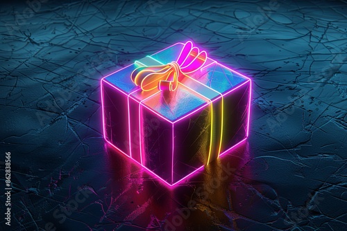 Neon gift box with bow on black background. Vibrant glowcore style concept. photo