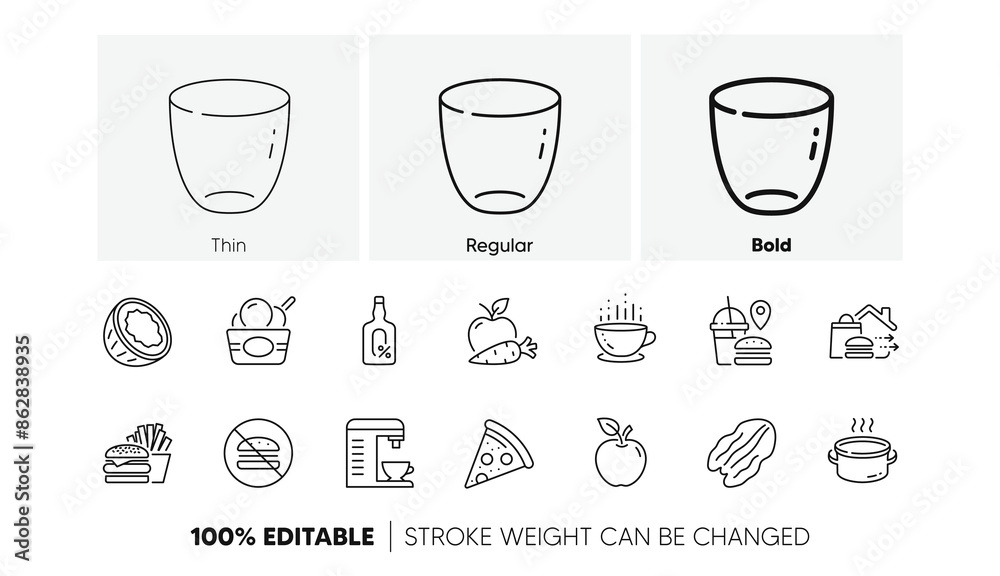 Burger, Alcohol free and Coconut line icons. Pack of Fast food, Glass, No burger icon. Ice cream, Saucepan, Coffee machine pictogram. Apple, Coffee cup, Pizza. Food delivery. Line icons. Vector Burger, Alcohol free and Coconut line icons. Pack of Fast food, Glass, No burger icon. Ice cream, Saucepan, Coffee machine pictogram. Apple, Coffee cup, Pizza. Food delivery. Line icons. Vector