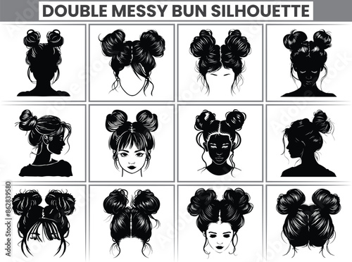 Double Messy Bun Silhouette Bundle Messy Bun Hair Illustration clipart Silhouette, For T-Shirt Design, Mug, Tote Bag, Etc.