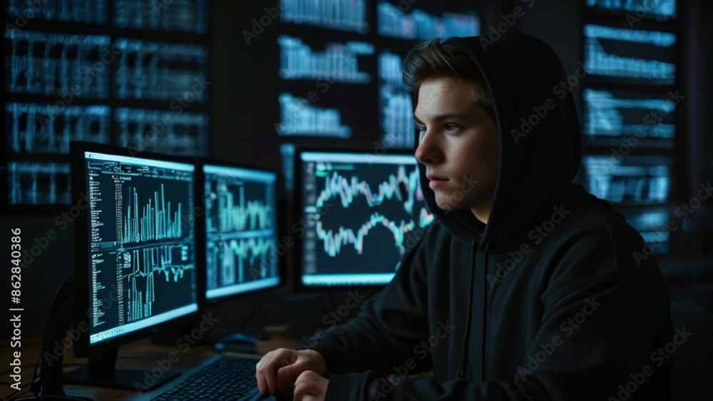 A young male wearing a black hoodie is sitting in a dark room in front of three computer monitors that are displaying graphs and charts. A young male wearing a black hoodie is sitting in a dark room in front of three computer monitors that are displaying graphs and charts.