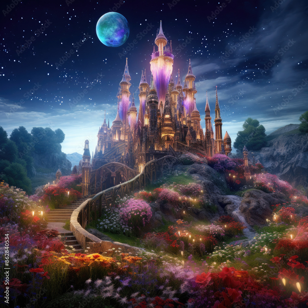 Obraz premium Enchanted Moonlit Castle - A Mystical Realm Amidst Flourishing Gardens