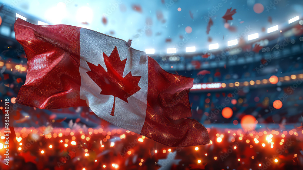 Flag background image of the Canadian flag waving in a well-lit stadium ...
