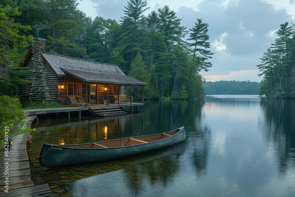 A peaceful Canadian lakeside cabin with a wooden deck, canoes, and towering pine trees reflected in the water. 