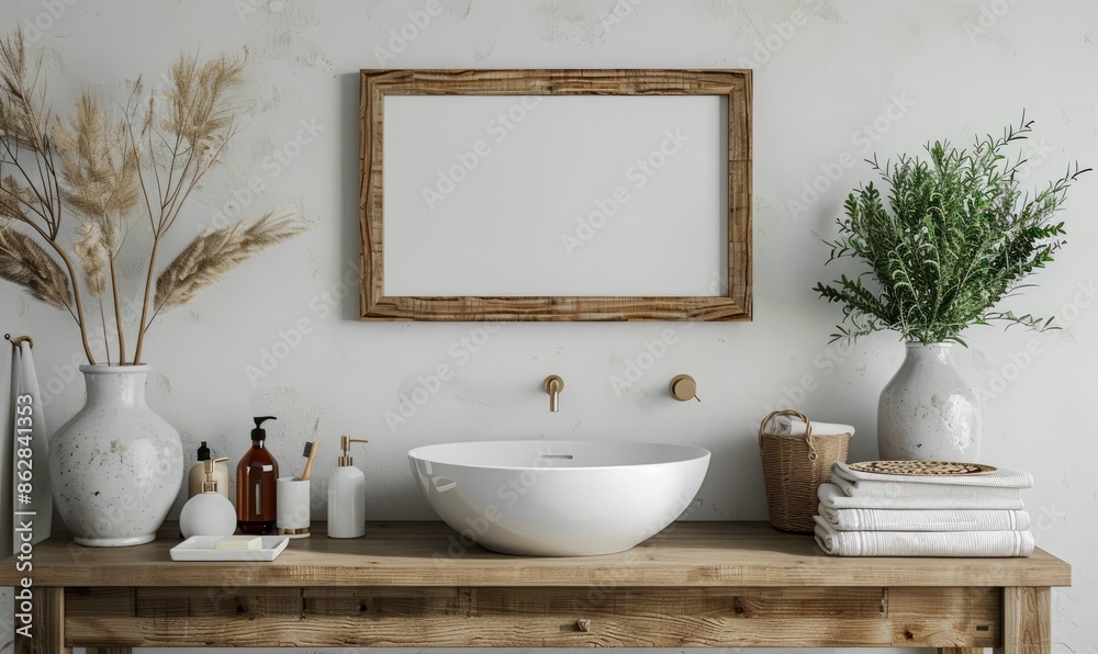 Fototapeta premium Serene bathroom with an empty frame above the vanity