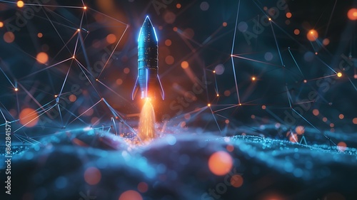 A stunning photograph of a futuristic scene featuring a blue glowing light bulb rocket taking off, surrounded by a wireframe light connection structure. The background is an abstract geometric design photo