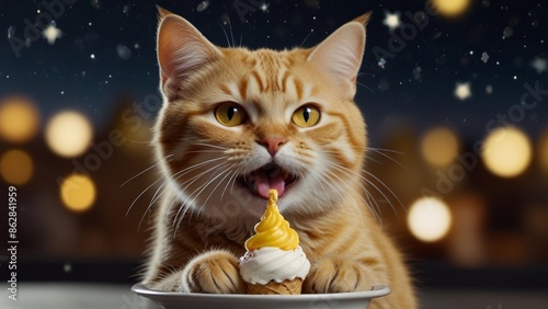 A yellow cat is happily eating ice cream