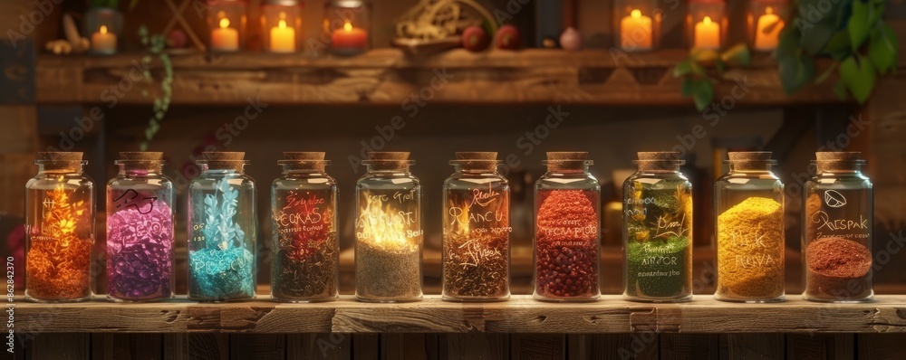 A spice rack with glowing jars labeled in alien languages (realistic) A spice rack with glowing jars labeled in alien languages (realistic)