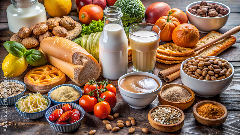 Assortment of food items not suitable for individuals with allergies at a table. Concept Allergen-Rich Spread, Unfriendly Fare, Not Allergy-Friendly, Risky Treats, Harmful Eats