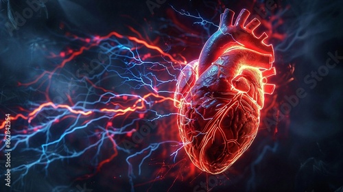 A virtual human heart is glowing and alive pulsating with energy. The heart is on a dark background with digital orange and blue lines. The concept of urgency and concern for heart health.