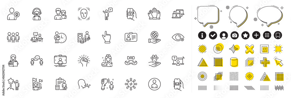 Fototapeta premium Set of Star, Court judge and Face detection line icons for web app. Design elements, Social media icons. Group, Support, Farsightedness icons. Accounting, Money profit, Agent signs. Vector