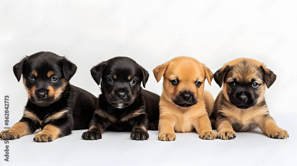 Obraz premium Dog cute puppies in a row isolated on white background