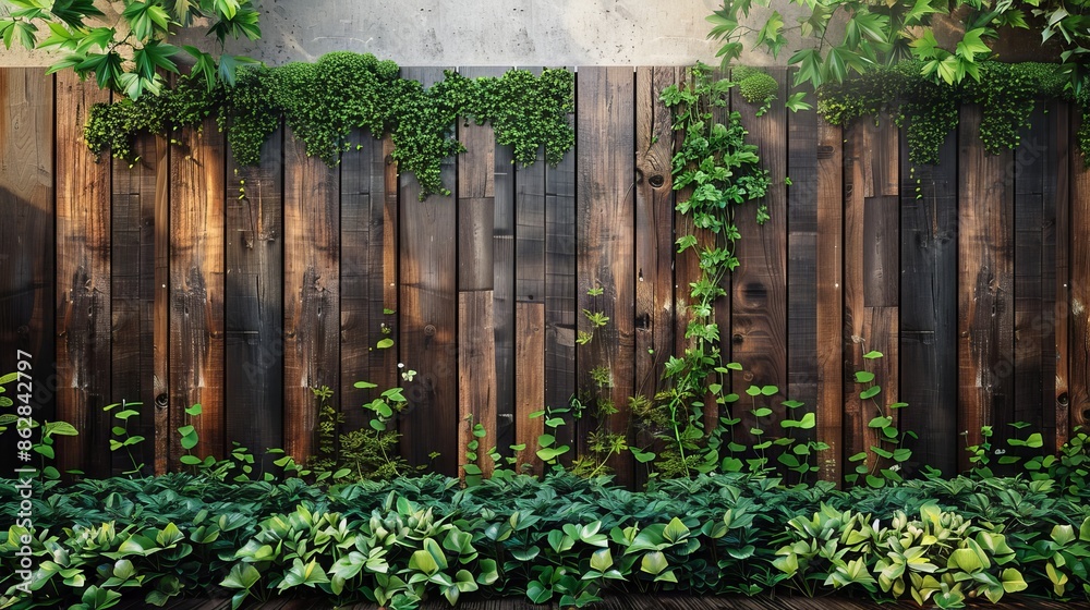 Wooden fence with lush green plants growing Wooden fence with lush green plants growing