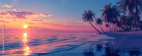 A tranquil beach scene with palm trees at sunset. Realistic.