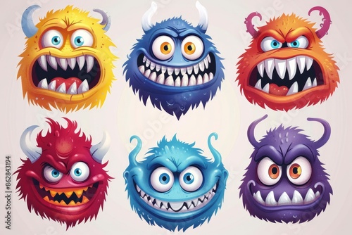 Heads of different Halloween monsters on a plain light background. Postcard, illustration for the autumn holiday Halloween. Scary funny heroes monsters