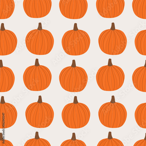 Pumpkin seamless pattern. Stylized vegetable on a beige background. Vector illustration for fabric, halloween design, background, wrapping paper