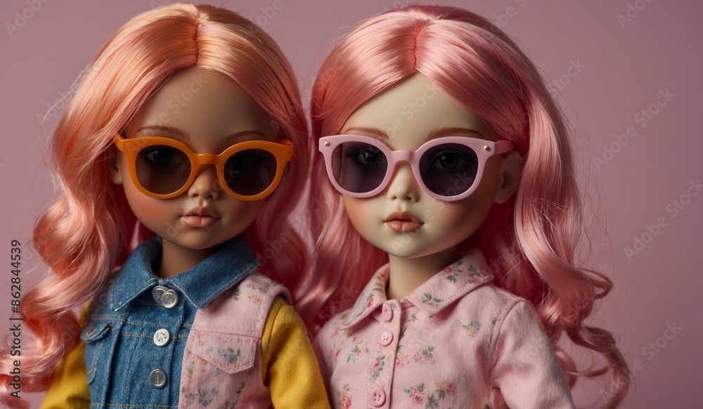 Two dolls in colorful outfits, bright background Two dolls in colorful outfits, bright background
