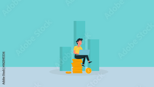 businessman sitting above the coins, business growth concept, long-term investment concept, Start invest in stock market, begin savings to achieve financial goal illustration