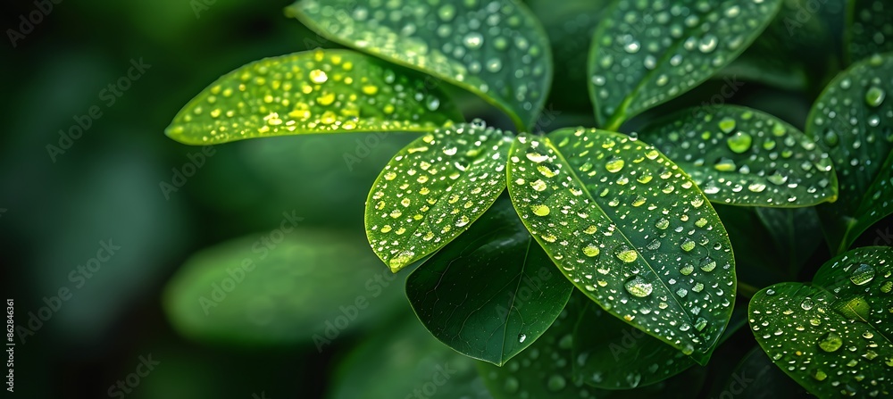 Fototapeta premium Closeup of dewdrops on vibrant green leaves capturing the intricate details and natural patterns with a softfocus background
