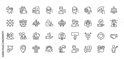 Organic tested, People vaccination and Couple line icons pack. AI, Question and Answer, Map pin icons. Fingerprint, Social distance, Approved checkbox web icon. Vector