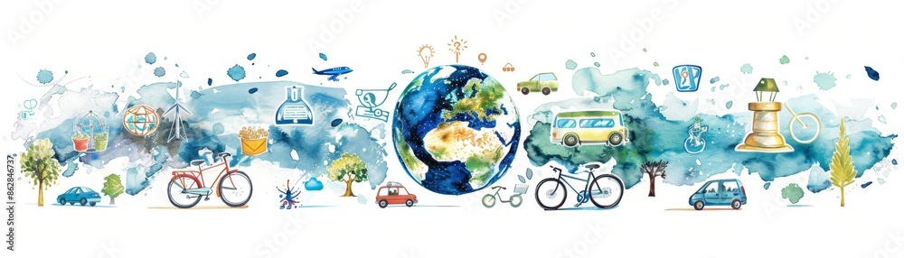 Fototapeta premium Watercolor travel collage with world map, vehicles, and landmarks, representing global exploration and adventure.