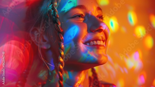 Joyful girl smiling in colorful disco lights, capturing the vibrant and fun atmosphere of a party or celebration.