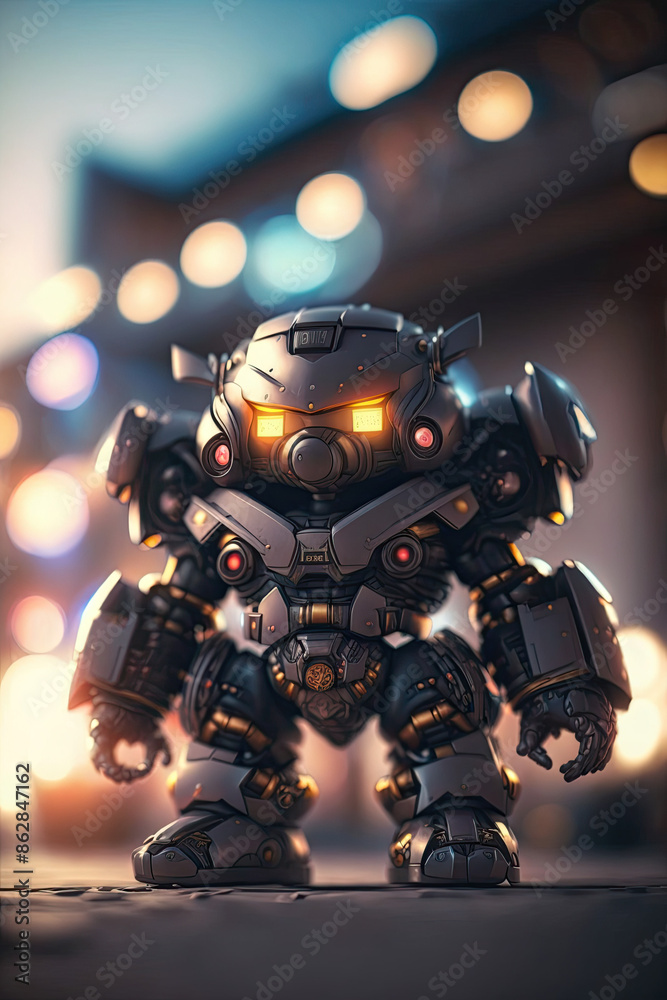 Intimidating Mech Robot Stands Guard in Dazzling Urban Nightlife Intimidating Mech Robot Stands Guard in Dazzling Urban Nightlife