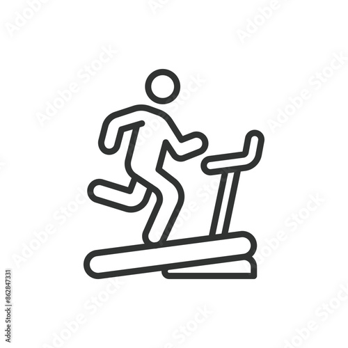 Treadmill, in line design. Treadmill, exercise machine, running, fitness equipment, cardio workout, gym equipment, running machine on white background vector. Treadmill editable stroke icon.