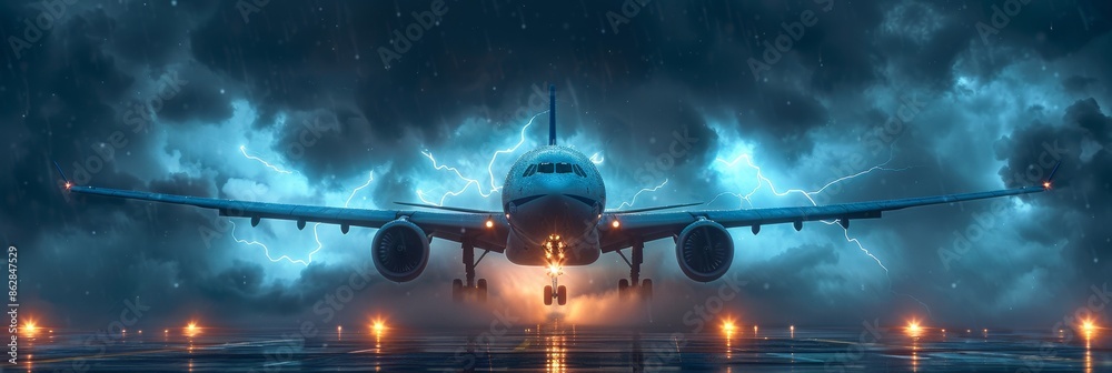 Commercial jet facing lightning storm on tarmac Commercial jet facing lightning storm on tarmac