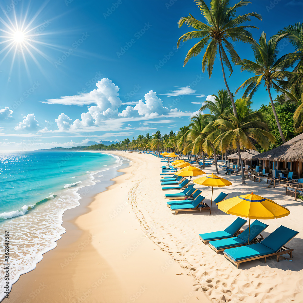 Naklejka premium sunny clear sky beaming over the sandy beach with palm trees
