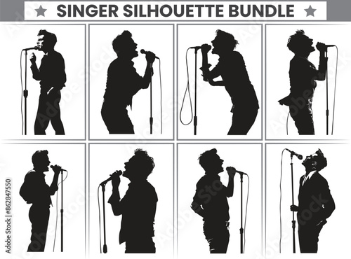 Male Singer Silhouette Bundle, Standing Male and Female Singing On Mic, Female singer singing silhouette, vocalist singing to microphone