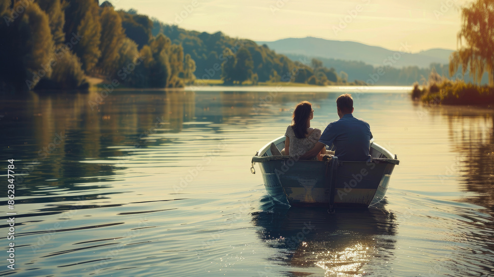 Couple in boat gently rowing on serene lake surrounded by nature at sunset Couple in boat gently rowing on serene lake surrounded by nature at sunset